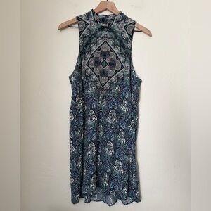 American Eagle Blue Paisley High Neck Open Back Mini Sheath Dress Size Medium